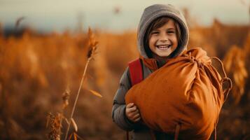 linda pequeño chico con mochila caminando en otoño campo foto