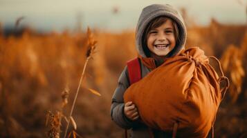 Cute little boy with backpack walking in autumn field photo