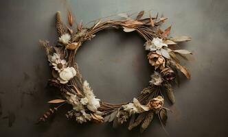 Generative AI, Stylish autumn rustic wreath close up, aesthetic muted colors photo