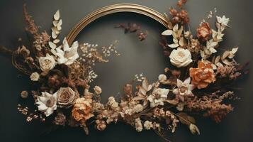 Generative AI, Stylish autumn rustic wreath close up, aesthetic muted colors photo