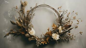 Generative AI, Stylish autumn rustic wreath close up, aesthetic muted colors photo