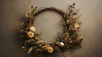 Generative AI, Stylish autumn rustic wreath close up, aesthetic muted colors photo