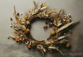 Generative AI, Stylish autumn rustic wreath close up, aesthetic muted colors photo