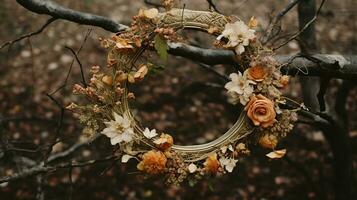 Generative AI, Stylish autumn rustic wreath close up, aesthetic muted colors photo