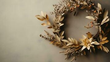 Generative AI, Stylish autumn rustic wreath close up, aesthetic muted colors photo