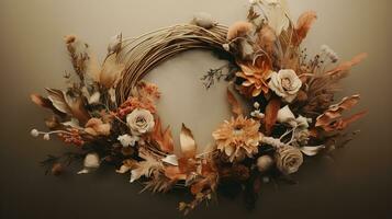 Generative AI, Stylish autumn rustic wreath close up, aesthetic muted colors photo