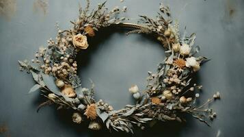 Generative AI, Stylish autumn rustic wreath close up, aesthetic muted colors photo