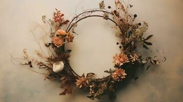 Generative AI, Stylish autumn rustic wreath close up, aesthetic muted colors photo