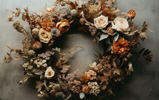 Generative AI, Stylish autumn rustic wreath close up, aesthetic muted colors photo