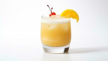 Photo of a Whiskey Sour isolated on flat white background. Generative AI