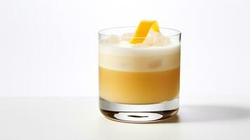 Photo of a Whiskey Sour isolated on flat white background. Generative AI