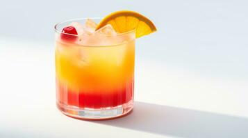 Photo of a Tequila Sunrise isolated on flat white background. Generative AI