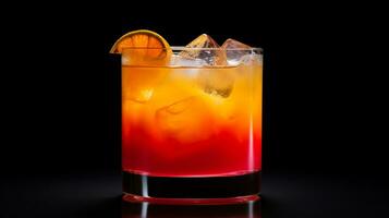 Photo of a Tequila Sunrise isolated on flat black background. Generative AI