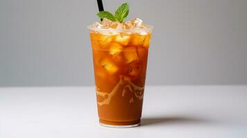 Photo of a Thai Iced Tea isolated on flat white background. Generative AI