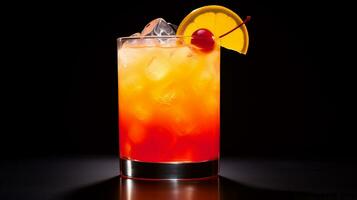 Photo of a Tequila Sunrise isolated on flat black background. Generative AI