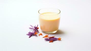 Photo of a Saffron Milk isolated on flat white background. Generative AI