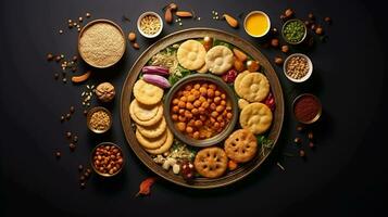 Minimalist Diwali Feast. A tasteful flat lay of festive foods and snacks for a happy celebration photo