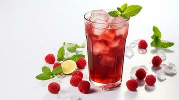 Photo of a Raspberry Iced Tea isolated on flat white background. Generative AI