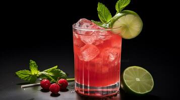 Photo of a Rhubarb Mojito isolated on flat black background. Generative AI