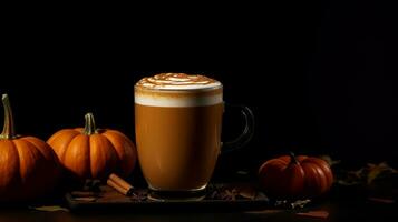 Photo of a Pumpkin Spice Latte isolated on flat black background. Generative AI