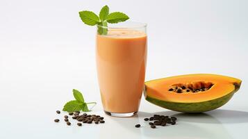 Photo of a Papaya Smoothie isolated on flat white background. Generative AI