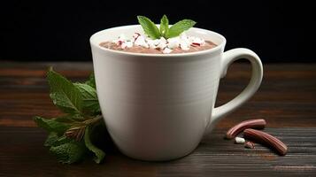 Photo of a Peppermint Hot Chocolate isolated on flat black background. Generative AI