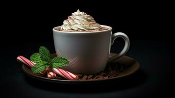 Photo of a Peppermint Mocha isolated on flat black background. Generative AI