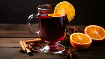 Photo of a Mulled Wine isolated on flat dark background. Generative AI