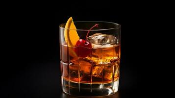 Photo of a Old Fashioned isolated on flat black background. Generative AI