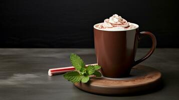 Photo of a Peppermint Hot Chocolate isolated on flat black background. Generative AI