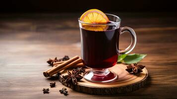 Photo of a Mulled Wine isolated on flat dark background. Generative AI