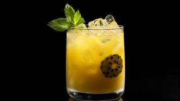 foto de un pasión Fruta Caipirinha aislado en plano negro antecedentes. generativo ai