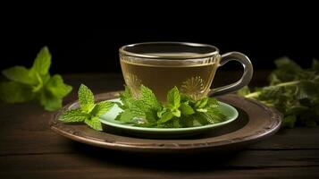 Photo of a Mint Tea isolated on flat black background. Generative AI