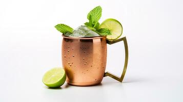 Photo of a Moscow Mule isolated on flat white background. Generative AI