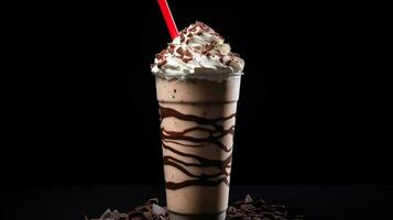 Photo of a Mocha Peppermint Shake isolated on flat black background. Generative AI