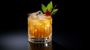 Photo of a Mai Tai drink isolated on flat black background. Generative AI