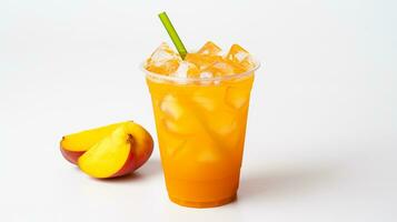 Photo of a Mango Iced Tea drink isolated on flat white background. Generative AI