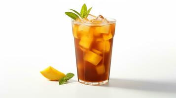 Photo of a Mango Iced Tea drink isolated on flat white background. Generative AI