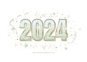 Happy New Year 2024. Vector congratulation template. Gold numbers with confetti on a white background.