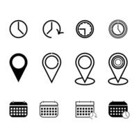location, timer clock, calendar icon set over white background, silhouette style, vector illustration.