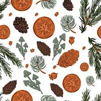 Winter forest orange pine cone mushroom seamless pattern vector