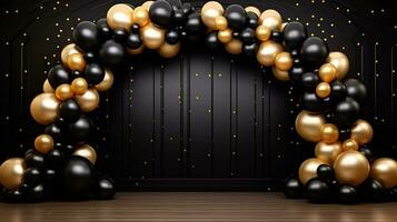 Generative AI, arch of black and golden balloons. Mock up for Black Friday or other holiday 3d background photo