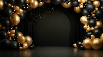 Generative AI, arch of black and golden balloons. Mock up for Black Friday or other holiday 3d background photo