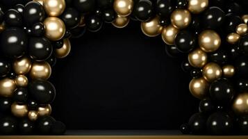 Generative AI, arch of black and golden balloons. Mock up for Black Friday or other holiday 3d background photo