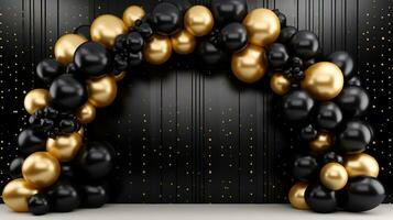 Generative AI, arch of black and golden balloons. Mock up for Black Friday or other holiday 3d background photo