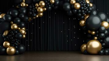 Generative AI, arch of black and golden balloons. Mock up for Black Friday or other holiday 3d background photo