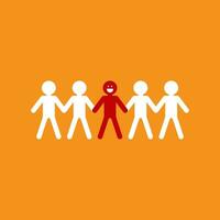 Smiling people holding hands. Happy people standing in row together. Happiness and friendship. Flat cartoon characters isolated on orange background. Colored vector illustration