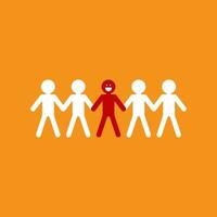 Smiling people holding hands. Happy people standing in row together. Happiness and friendship. Flat cartoon characters isolated on orange background. Colored vector illustration