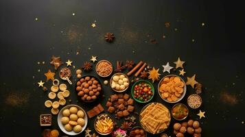 Minimalist Diwali Feast. A tasteful flat lay of festive foods and snacks for a happy celebration photo