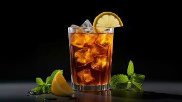 Photo of a Iced Tea drink isolated on black background. Generative AI